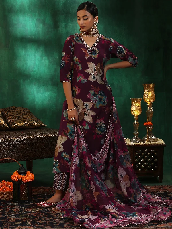 Burgundy Printed Silk Blend Straight Suit With Dupatta