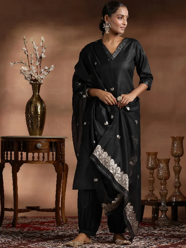 Black Solid Cotton Blend Straight Suit With Dupatta