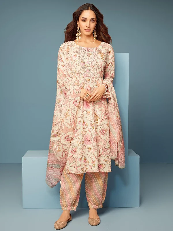 Pink Printed Cotton Straight Suit With Dupatta