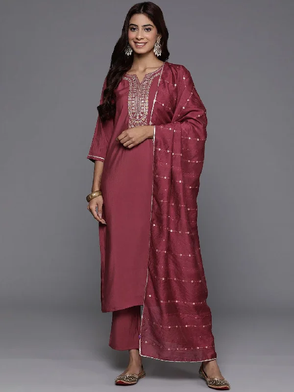 Mauve Yoke Design Silk Blend Straight Suit With Dupatta