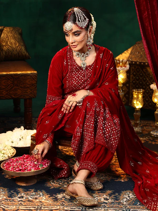 Red Embroidered Velvet Straight Suit With Dupatta