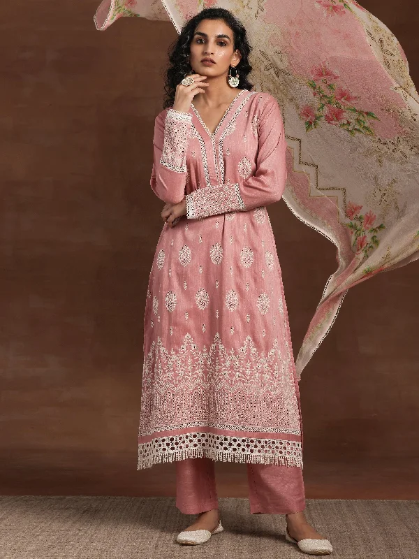 Pink Embroidered Silk Blend Straight Suit With Dupatta