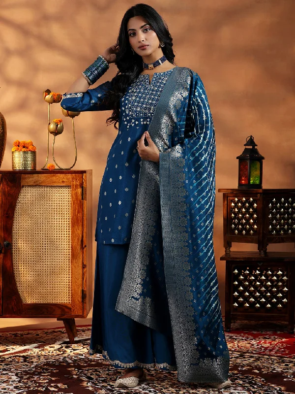 Blue Woven Design Silk Blend Straight Suit With Dupatta