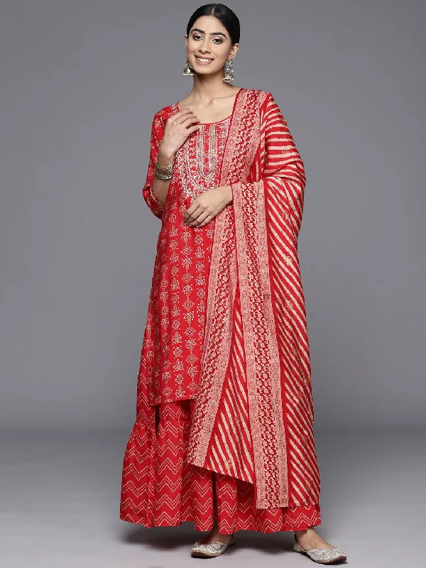 Red Yoke Design Silk Blend Straight Suit With Dupatta