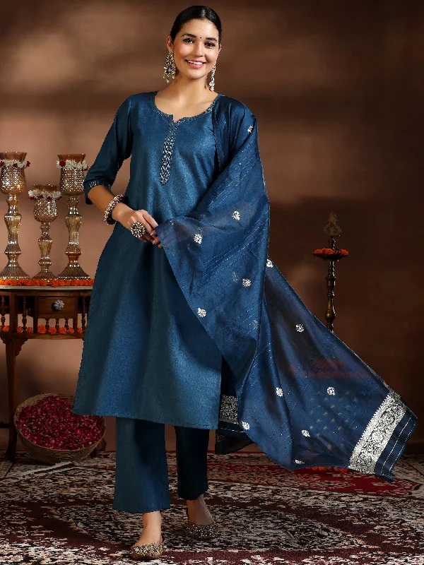 Teal Solid Cotton Blend Straight Suit With Dupatta