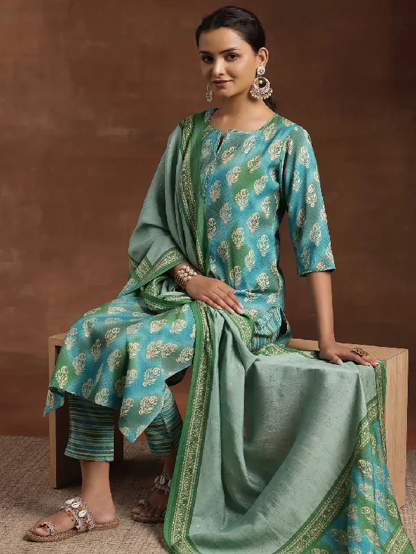 Blue Printed Silk Blend Straight Suit With Dupatta