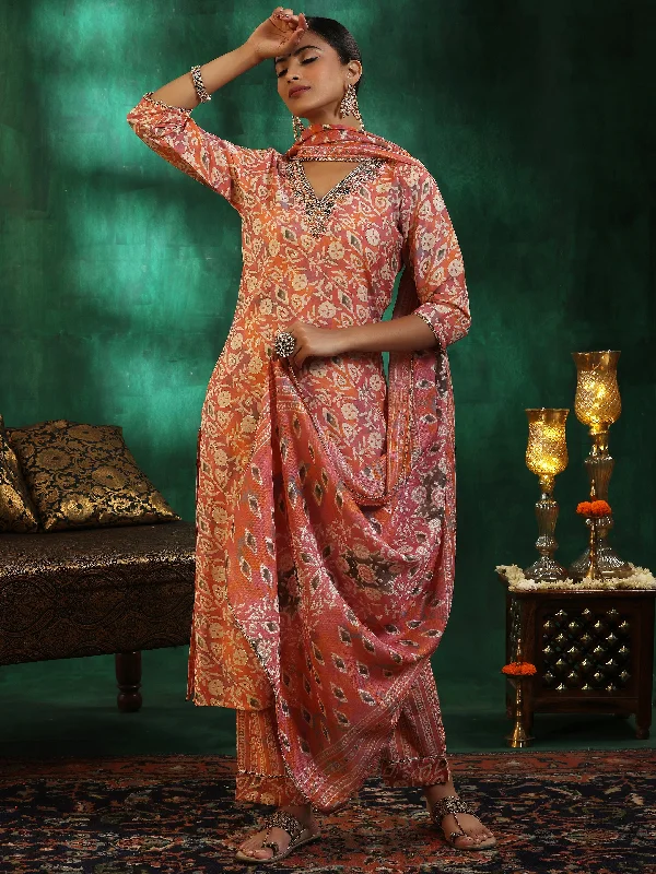 Peach Printed Silk Blend Straight Suit With Dupatta