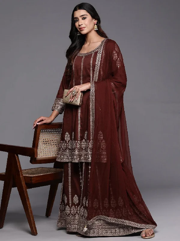 Libas Art Maroon Embroidered Silk Blend Anarkali Suit With Dupatta