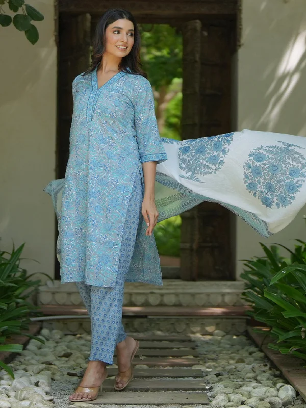 Blue Printed Cotton Straight Suit With Dupatta