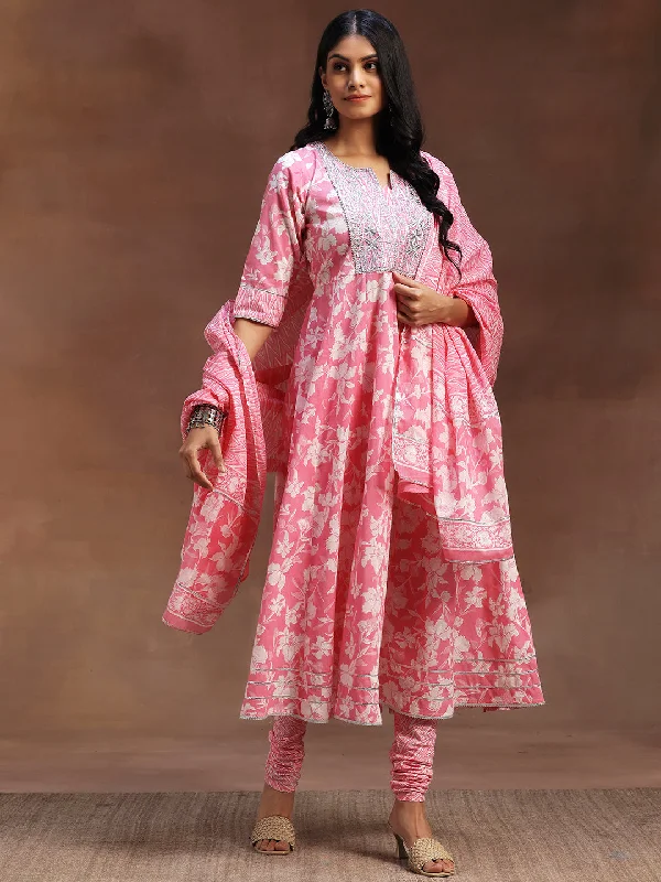 Pink Printed Cotton Anarkali Suit With Dupatta