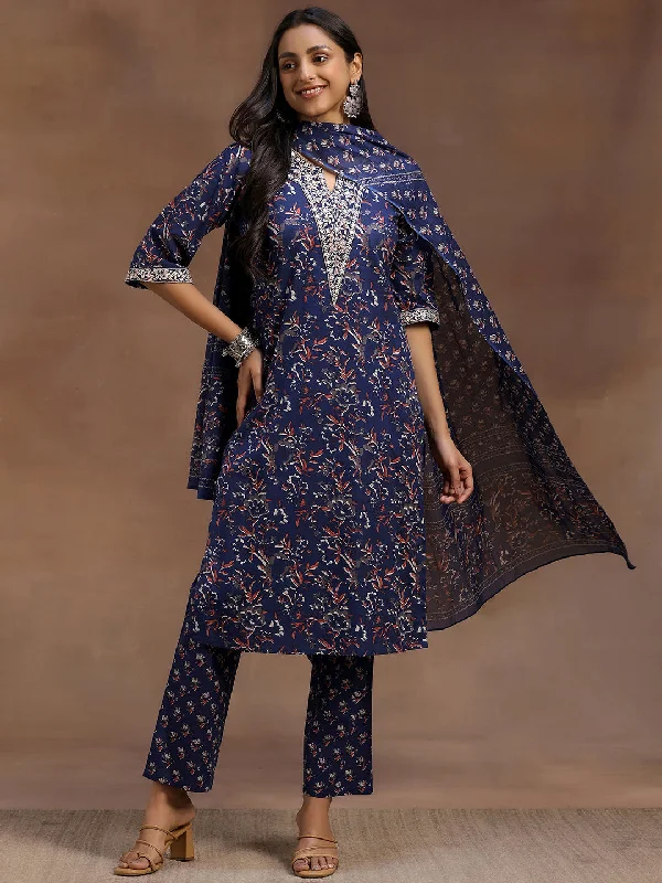 Blue Printed Cotton Straight Suit With Dupatta