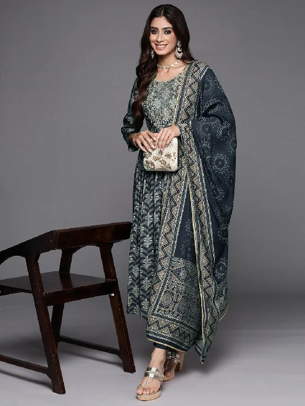 Blue Printed Silk Blend Anarkali Suit With Dupatta