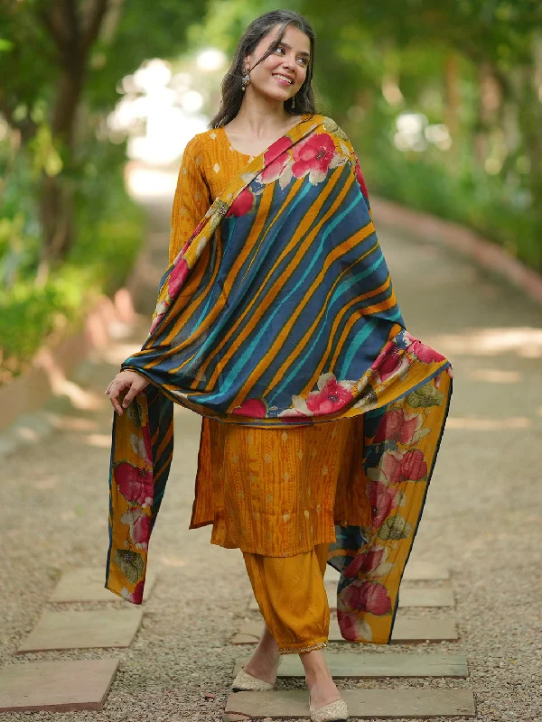 Mustard Woven Design Silk Blend Straight Suit With Dupatta