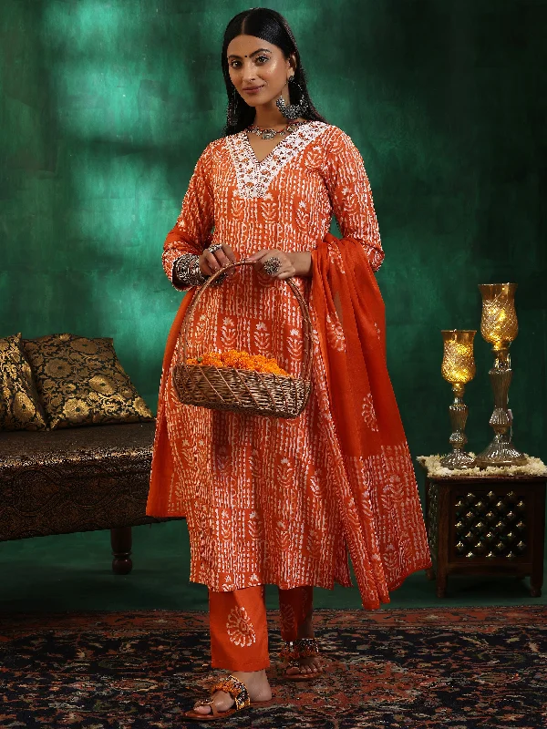 Orange Printed Cotton Straight Suit With Dupatta