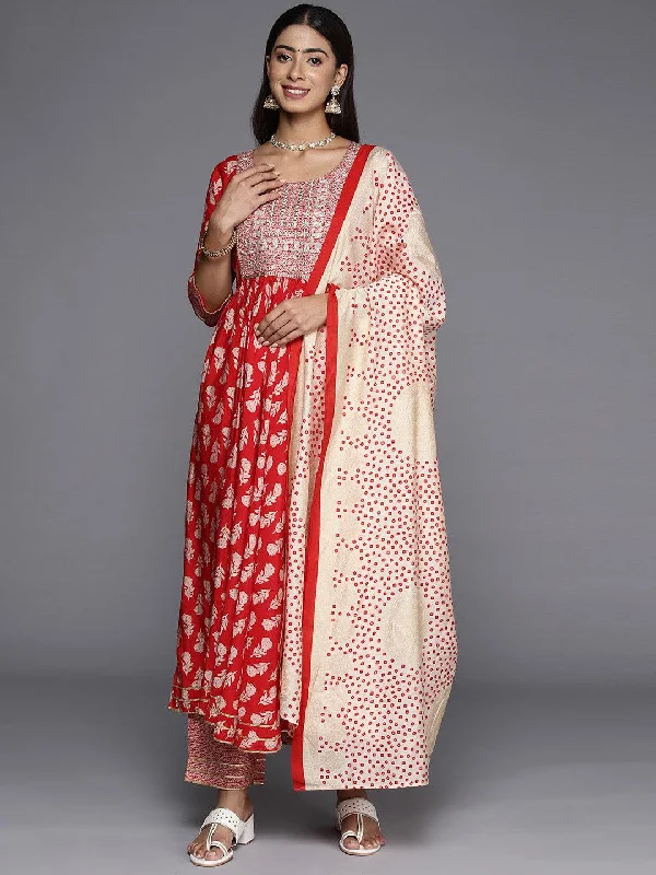 Red Printed Silk Blend Anarkali Suit With Dupatta