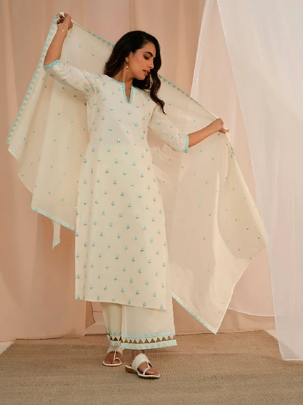 Off White Embroidered Cotton Straight Suit With Dupatta