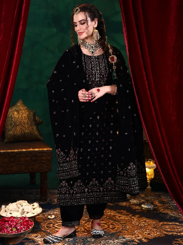 Black Embroidered Velvet Straight Suit With Dupatta