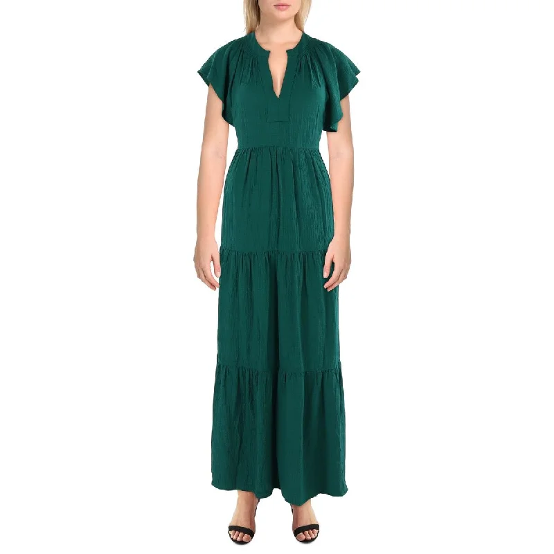 Calvin Klein Womens Tiered Flutter Sleeves Maxi Dress