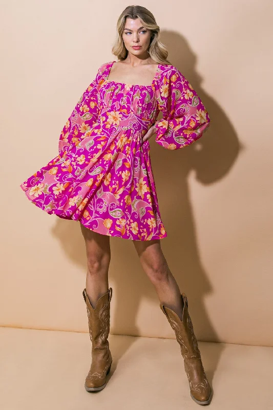 Women's Long Sleeve Woven Mini Dress in Fuchsia Floral by Flying Tomato