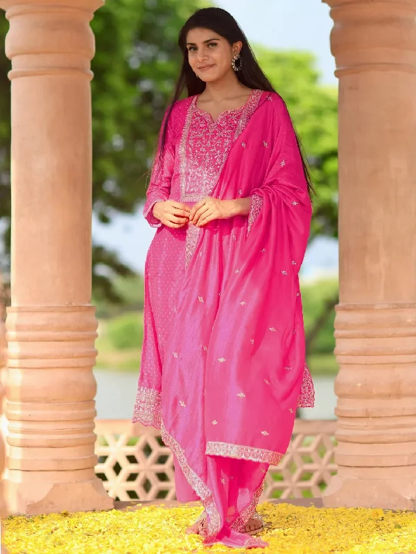 Pink Printed Silk Blend Straight Suit With Dupatta