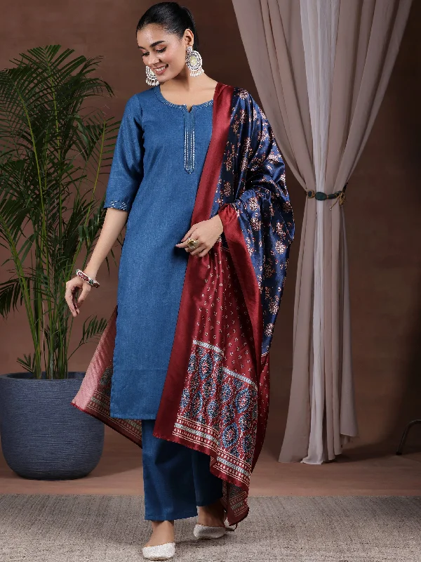 Teal Solid Cotton Blend Straight Suit With Dupatta