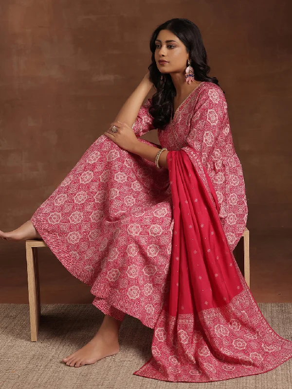 Pink Printed Silk Blend Anarkali Suit With Dupatta