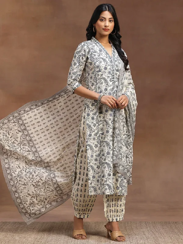 Grey Printed Cotton Straight Suit With Dupatta