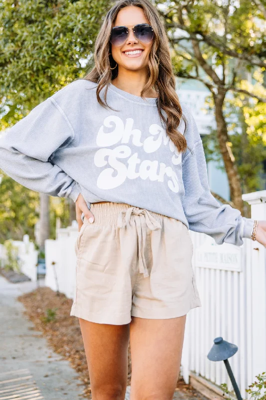 Oh My Stars Faded Denim Corded Graphic Sweatshirt