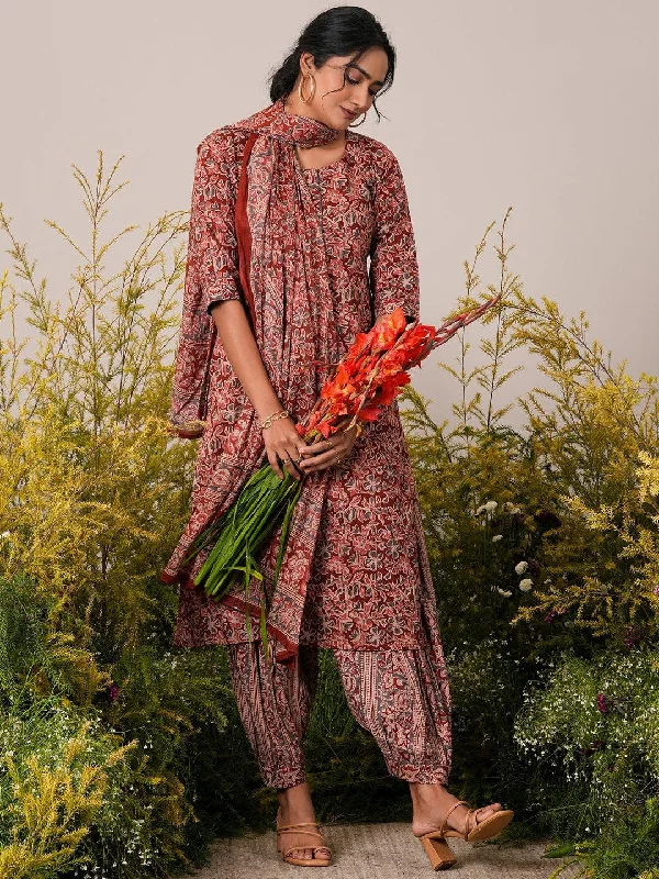 Rust Printed Cotton Straight Suit With Dupatta