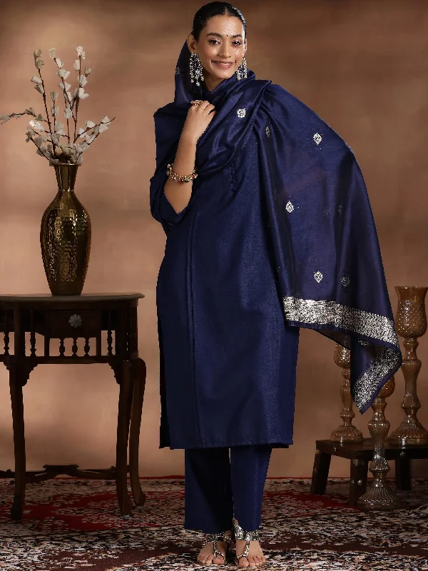 Navy Blue Solid Cotton Blend Straight Suit With Dupatta