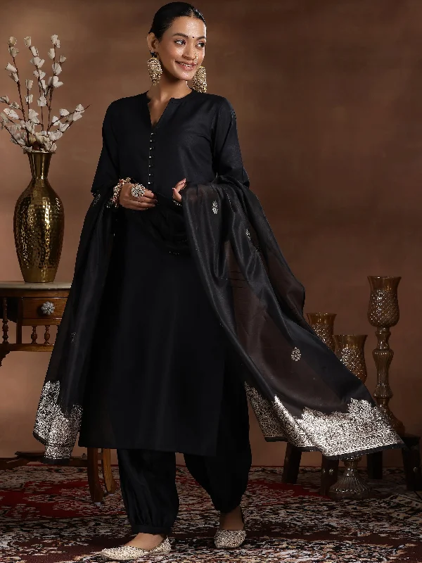 Black Solid Cotton Blend Straight Suit With Dupatta