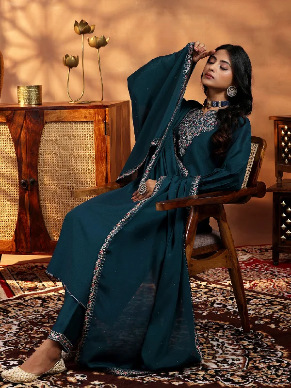 Teal Yoke Design Silk Blend Straight Suit With Dupatta