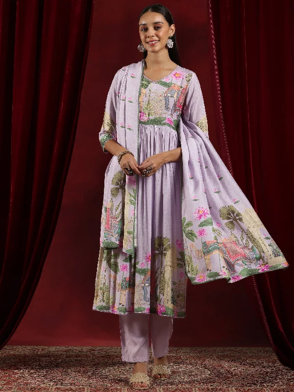 Libas Art Lilac Printed Cotton Blend Anarkali Suit With Dupatta