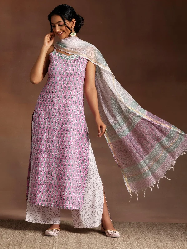 Pink Printed Cotton Straight Suit With Dupatta