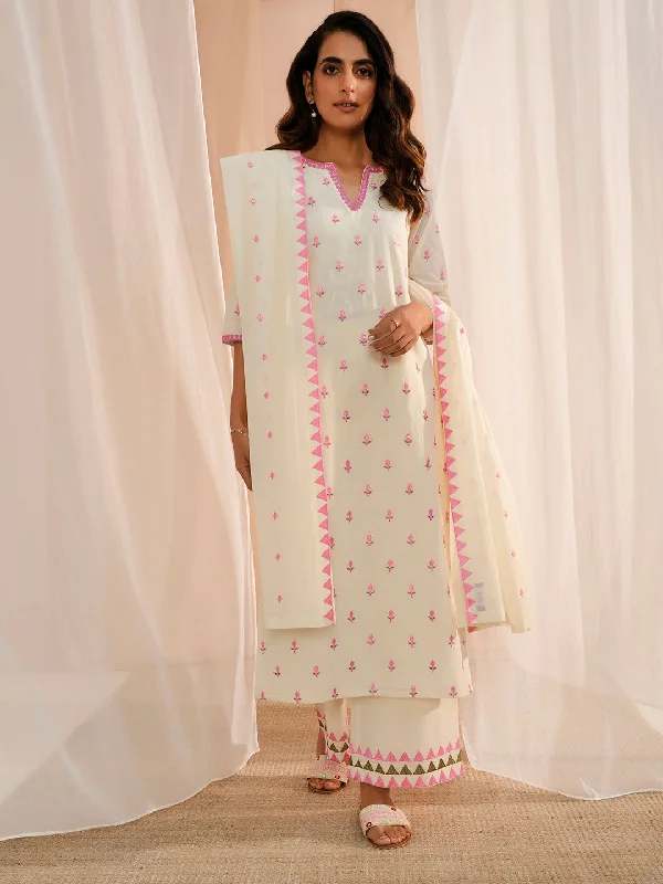 Off White Embroidered Cotton Straight Suit With Dupatta