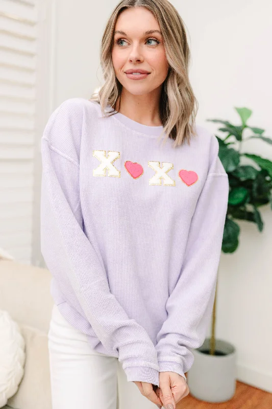 Hugs And Kisses Lilac Purple Varsity Corded Sweatshirt