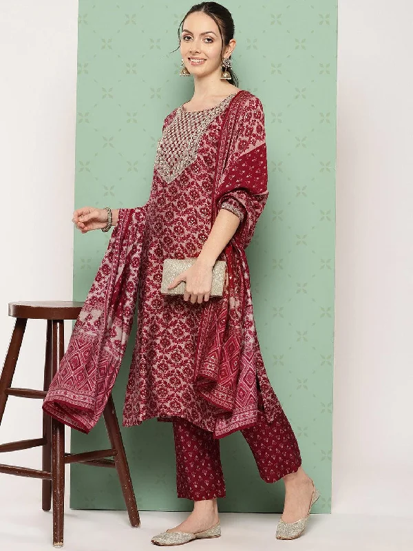 Red Printed Silk Blend Straight Suit With Dupatta