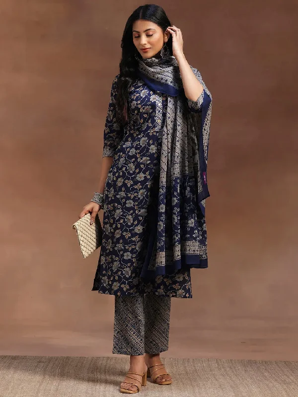 Blue Printed Cotton Straight Suit With Dupatta