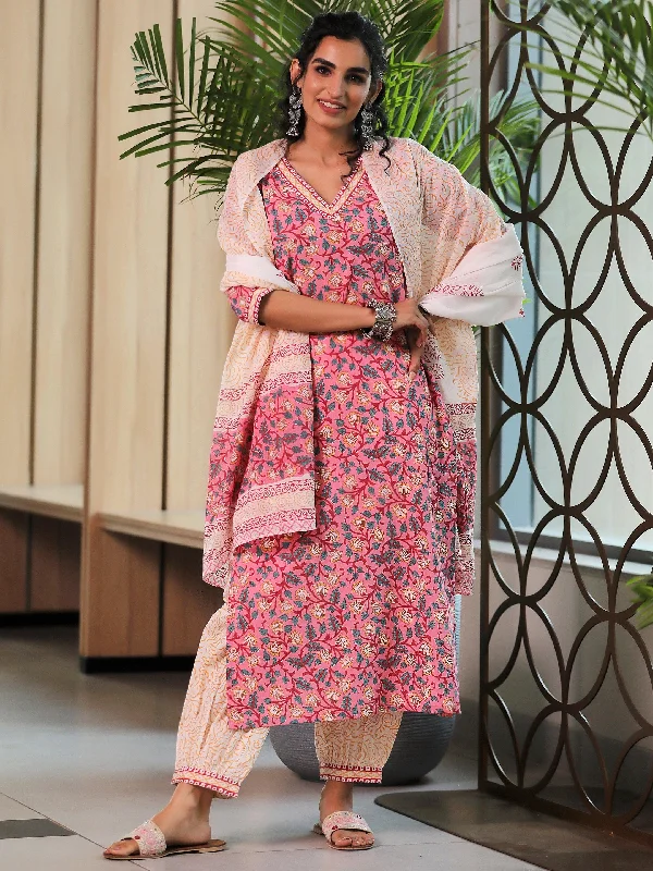 Pink Printed Cotton Straight Suit With Dupatta