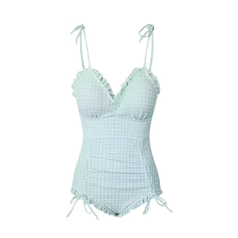 Ruched Gingham Design With Tie up Strap Monokini By Sinderella