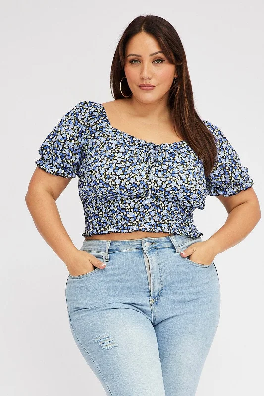 Black Floral Crop Top Short Sleeve Shirred Waist