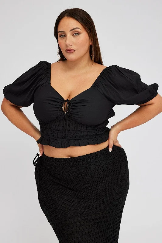 Black Peplum Top Short Sleeve Ruched Bust