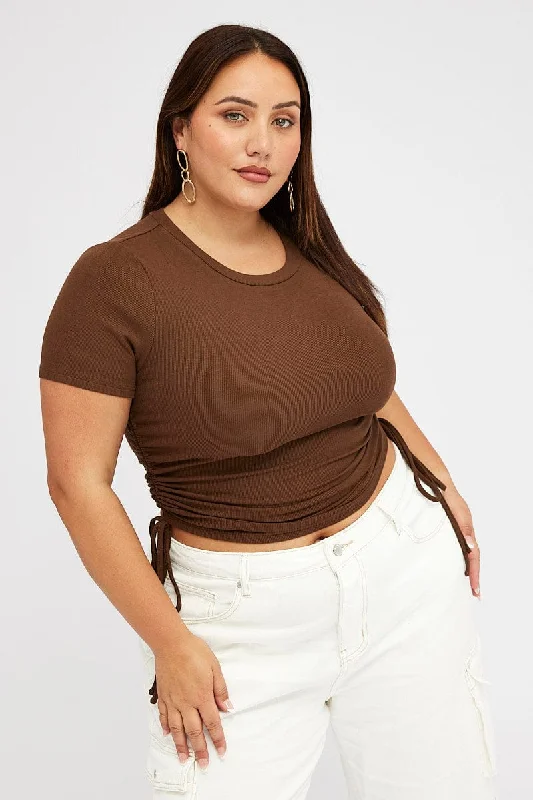 Brown Ruched Top Short Sleeve Crew Neck