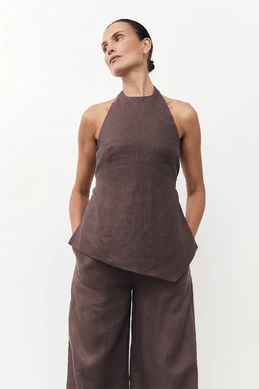 SERENA CHOC LINEN ASYM HALTER TOP