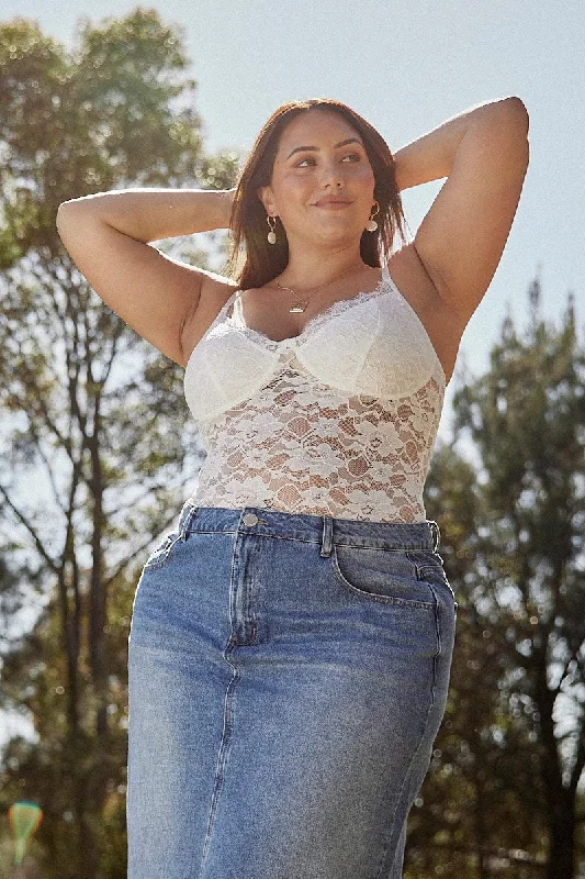 White Bodysuit Sleeveless Lace Stretch