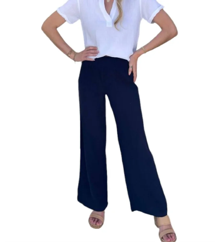 Smocked Waist Wide Leg Pants In Navy