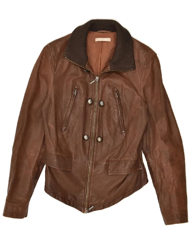 STEFANEL Womens Leather Jacket UK 10 Small Brown