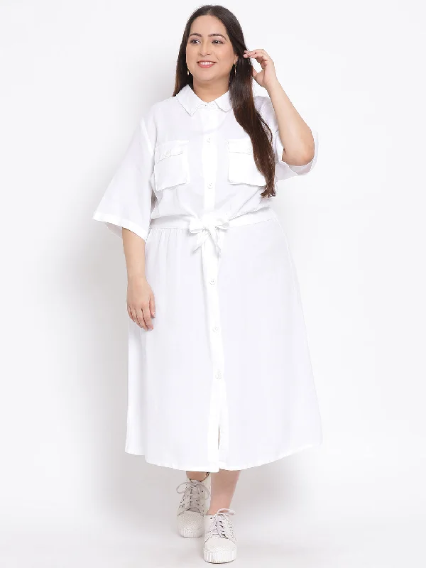 Basic White Plus Size Midi Shirt Linen Blend Dress