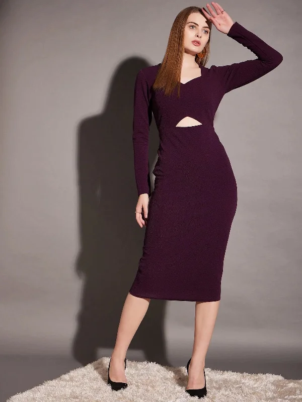 Front cut out bodycon midi dress in Purple Color