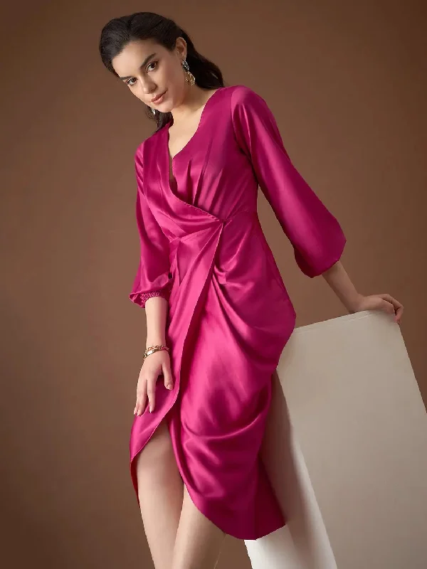 Overlap neck Tulip midi Dress in Pink Color